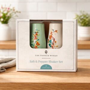 Pioneer Woman Ceramic Painted Meadow 3 Pieces Salt & Pepper Shakers Acacia Wood